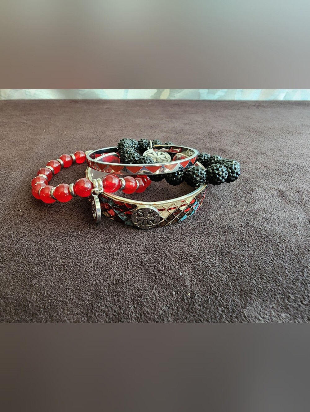 Rustic Cuff Bracelet Set of 4 Red Beaded Pave Mosaic Cuff